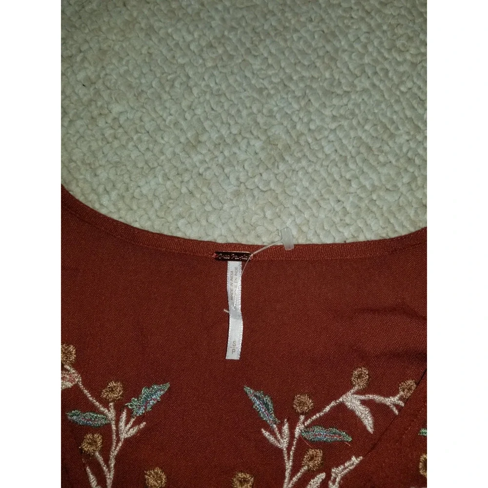 Womens Top-FREE PEOPLE-'Rust' rayon 'Wild Dreams Embroidered Tunic' boho-S